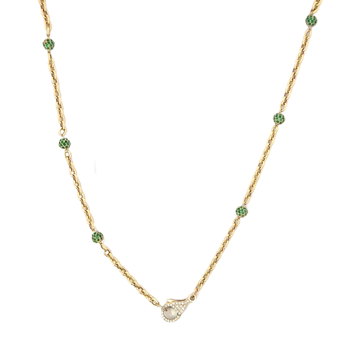 Yellow Gold Oval Link Necklace with Emerald Bead Accents and Tiny Pave Lobster