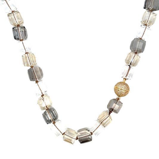 Hand Knotted Short Two Tone Square Crystal Necklace with Gold Tone Magnetic Clasp