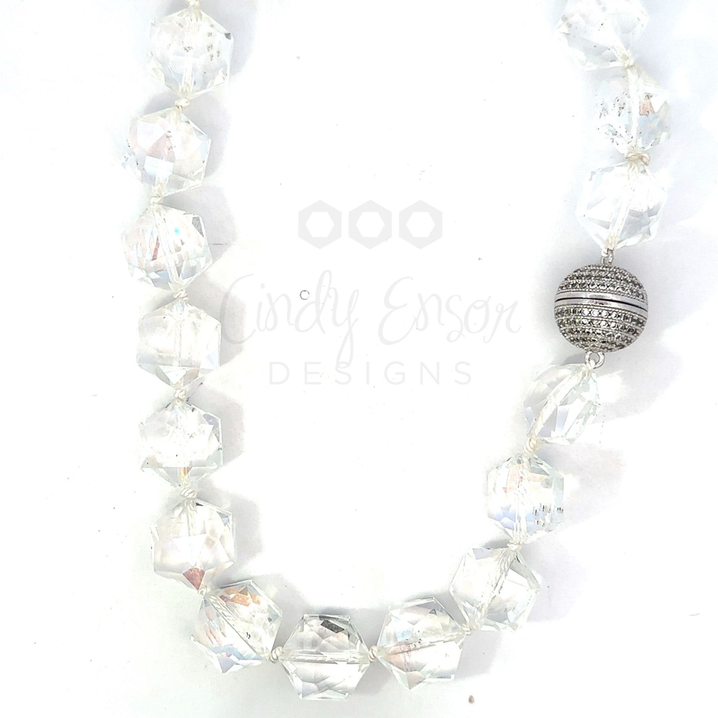 Hand Knotted Clear Crystal Necklace with Silver Tone Magnetic Clasp