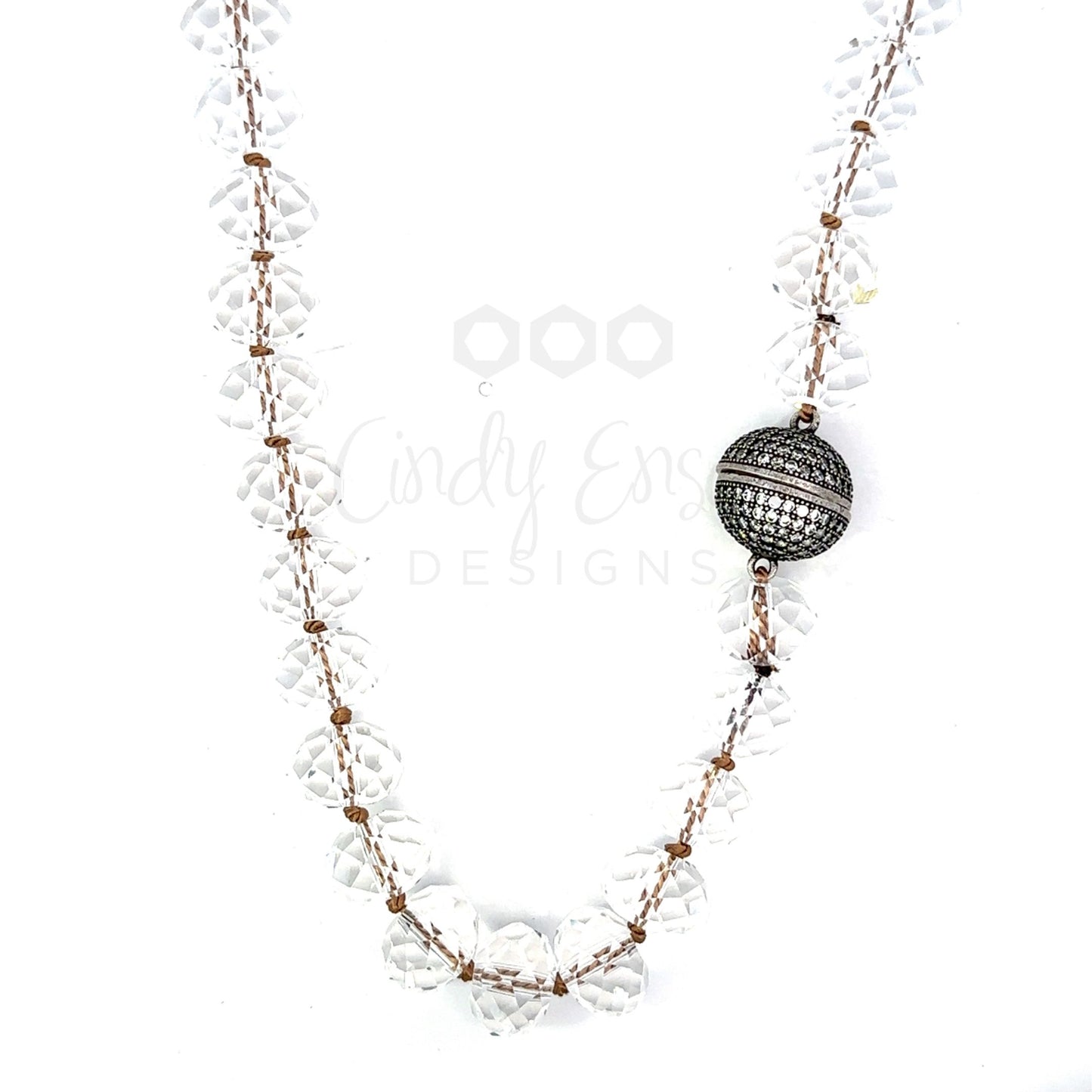 Hand Knotted Clear Crystal Necklace with Silver Tone Magnetic Clasp