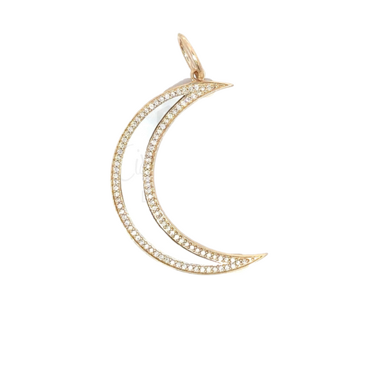 Yellow Gold White Mother of Pearl Crescent Moon Pendant with Pave Border