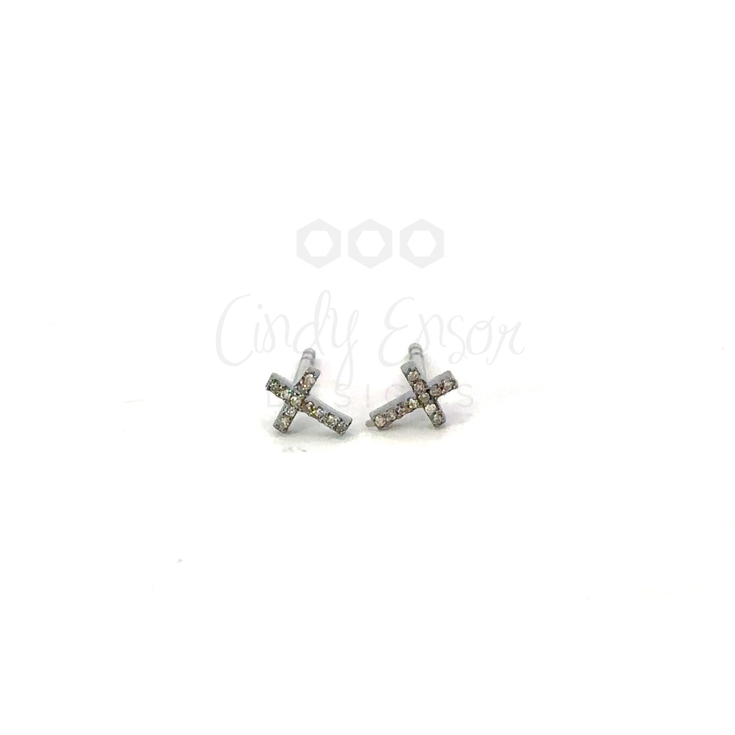 Tiny Sterling Silver Pave Diamond Cross Stud Earring