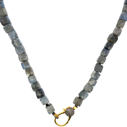 Cubed Labradorite Hand Knotted Necklace with Two Tone Vermeil Pave Lobster