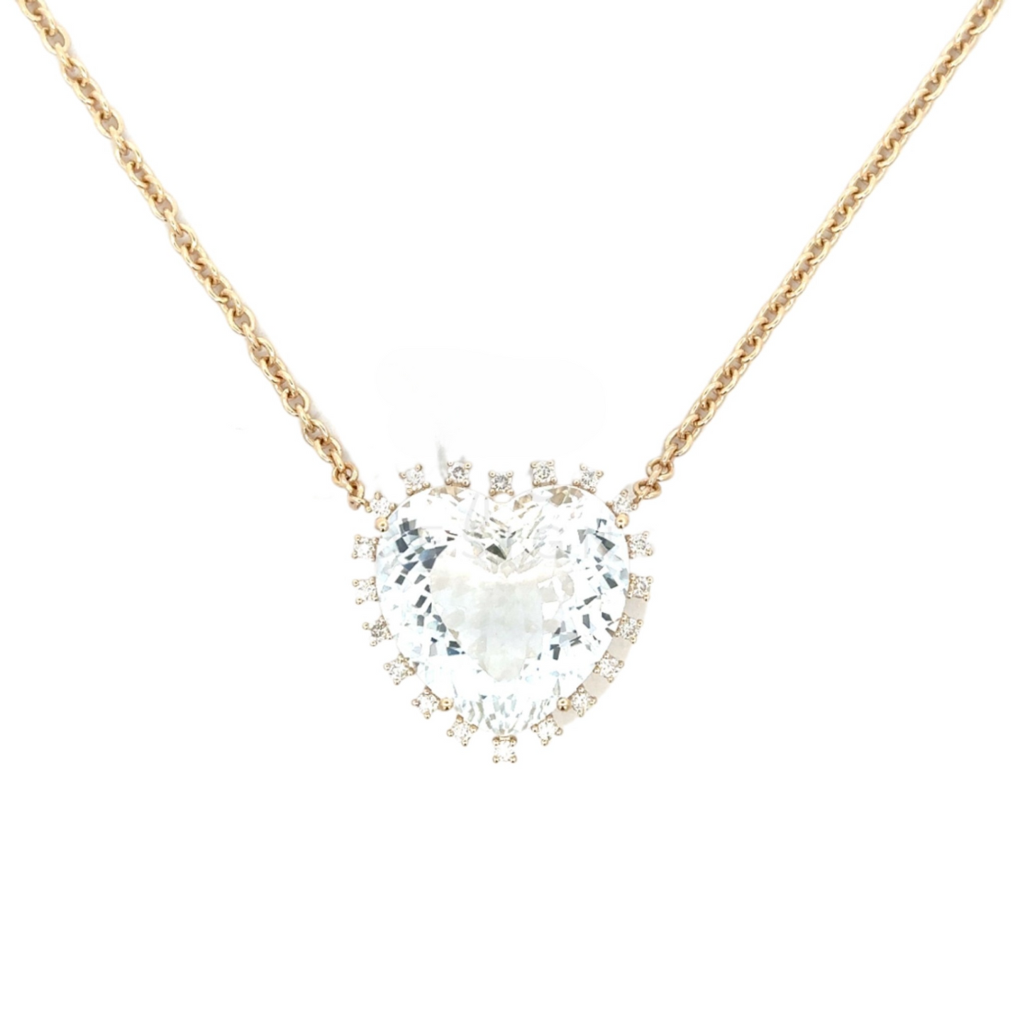 Yellow Gold White Topaz Heart Necklace with Prong Set Diamonds