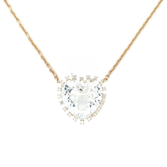 Yellow Gold White Topaz Heart Necklace with Prong Set Diamonds