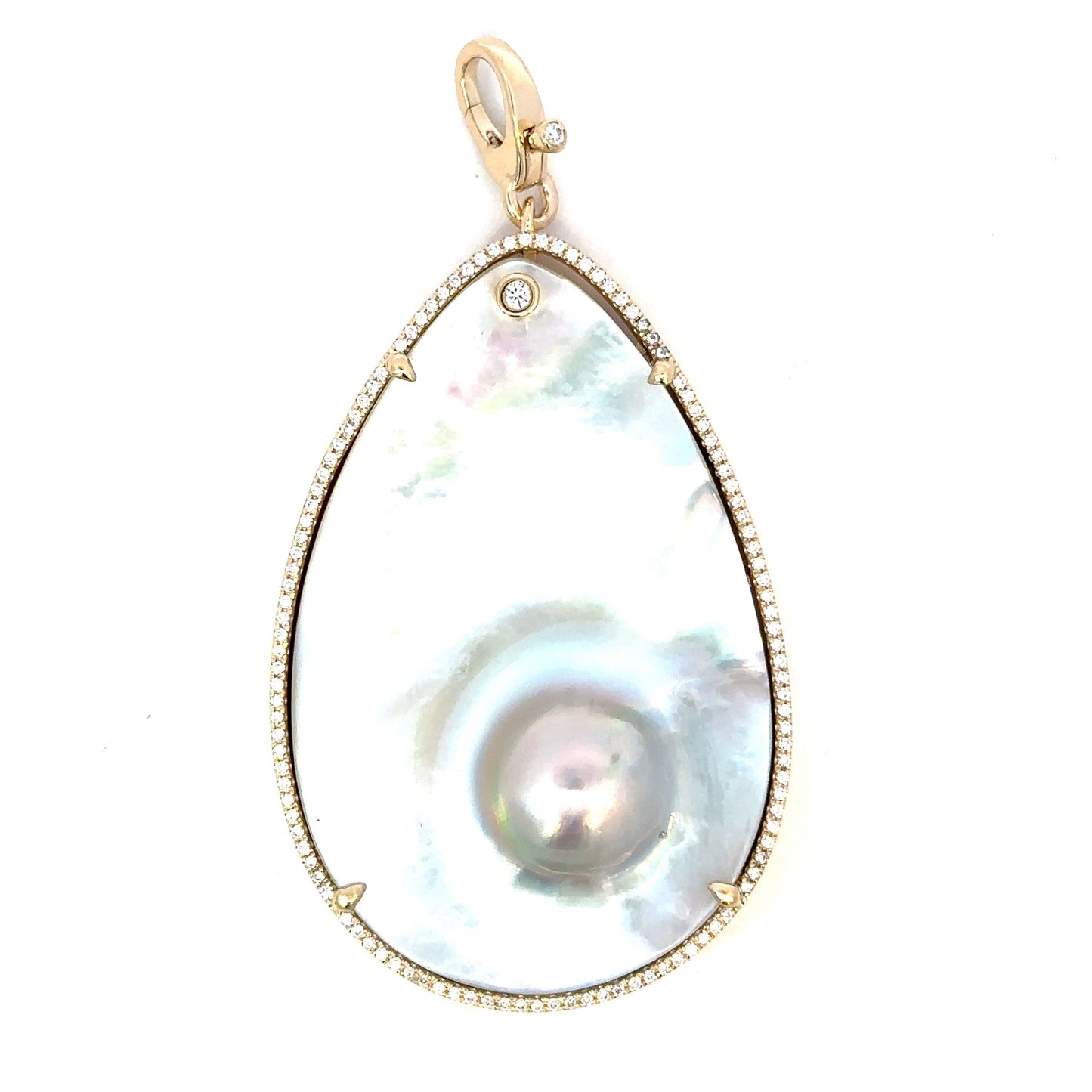Yellow Gold Mabe Pearl Pendant with Clip on Bail and Pave Border