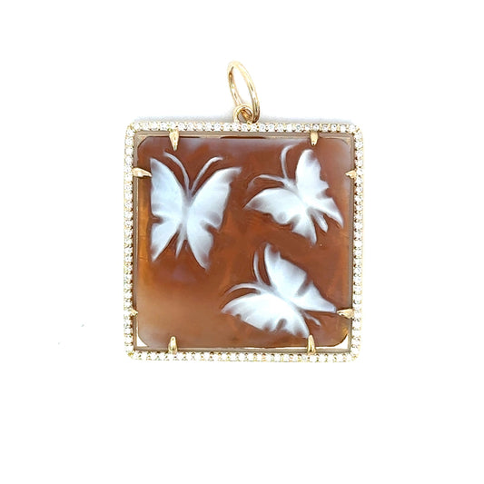 Large Yellow Gold Square Triple Butterfly Cameo Pendant