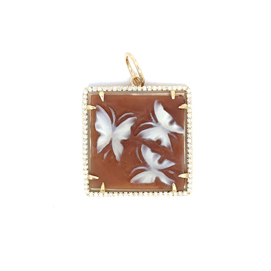 Small Yellow Gold Square Triple Butterfly Cameo Pendant
