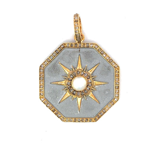 Brushed Metal Hexagon Pendant with Center Stone