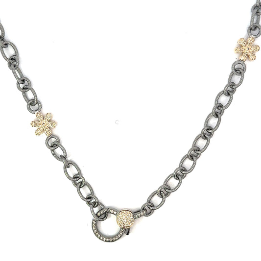 Oval Link Sterling Chain Accented By Two Yellow Gold Pave Flowers and Two Tone Lobster