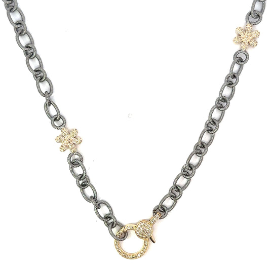 Oval Link Sterling Chain Accented by Two YG Pave Flowers and YG Lobster