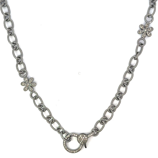 Oval Link Sterling Chain Accented by Two Sterling Pave Flowers and Sterling Pave Lobster