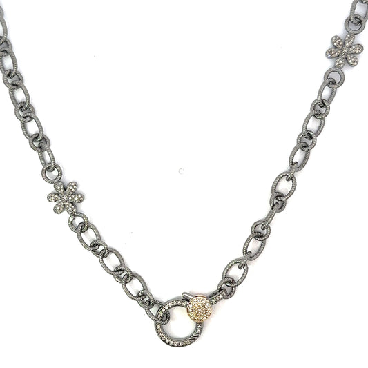 Oval Link Sterling Chain Accented by Two Sterling Pave Flowers and Mixed Metal YG Lobster