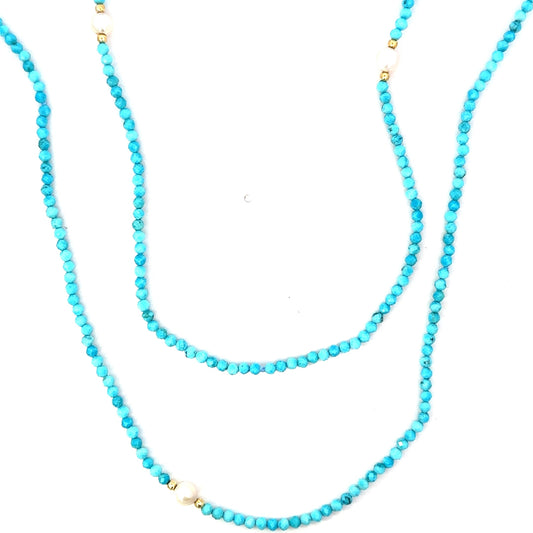 Long Turquoise and Pearl Wrap Necklace