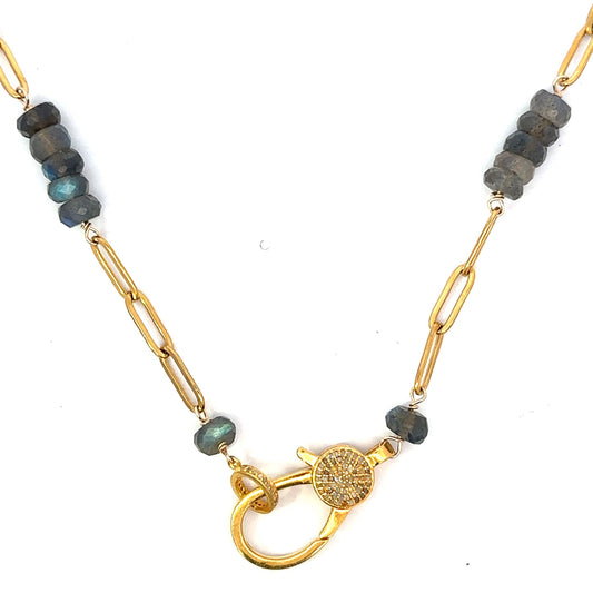 Vermeil Paper Clip and Labradorite Alternating Necklace with Pave Diamond Lobster