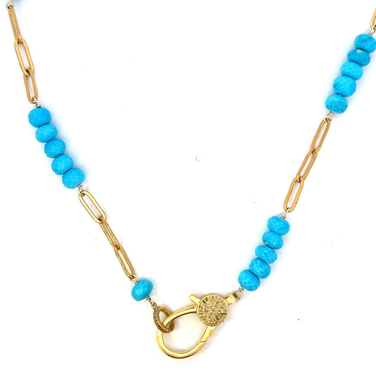 Vermeil Paper Clip and Turquoise Alternating Necklace with Pave Diamond Lobster