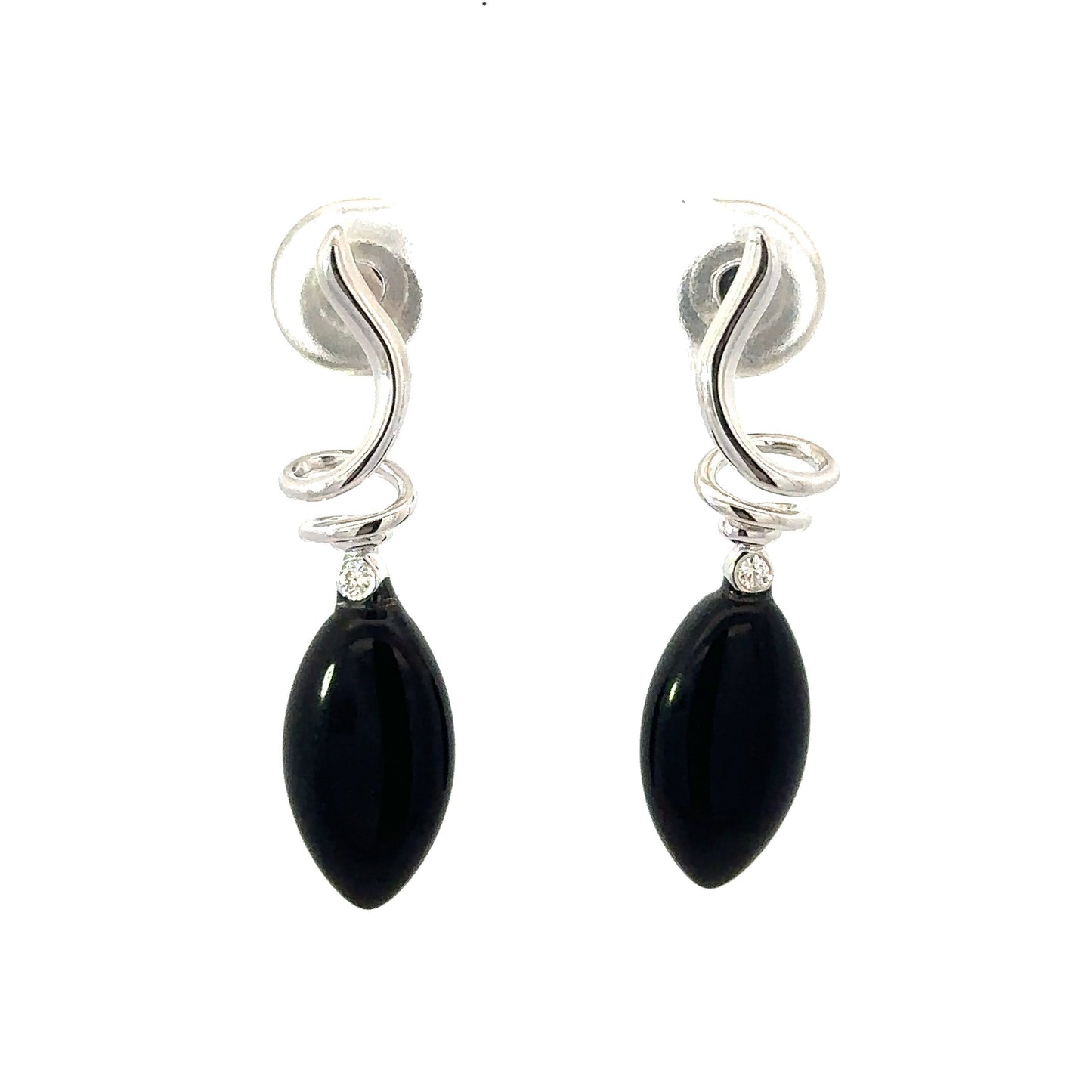 White Gold Twisted Onyx Tear Drop Earring with Diamond Accent