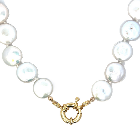 Hand Knotted Coin Pearl Necklace with Medium Mariner Clasp