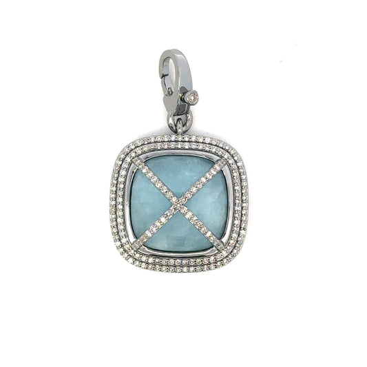Square Aquamarine Pendant with Pave Accents and Clip on Bail