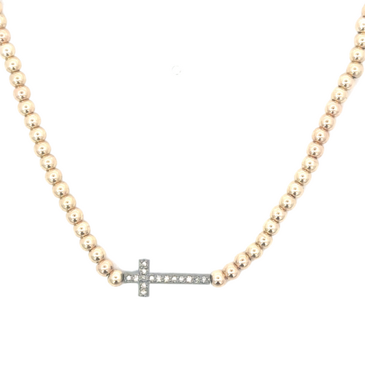 3mm GF Bead Necklace with Sideways Sterling Diamond Cross