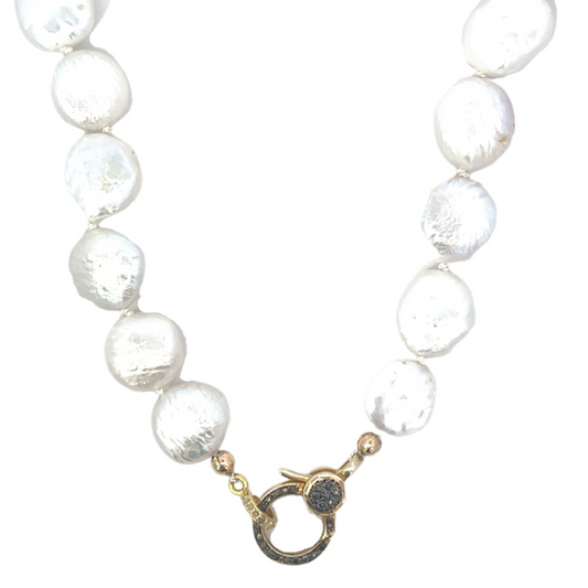 Coin Pearl Necklace with Two Tone Vermeil Diamond Lobster