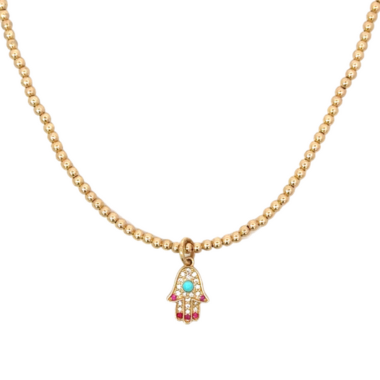 2mm Yellow Gold Filled Bead Necklace with Yellow Gold Pave Hamsa Charm