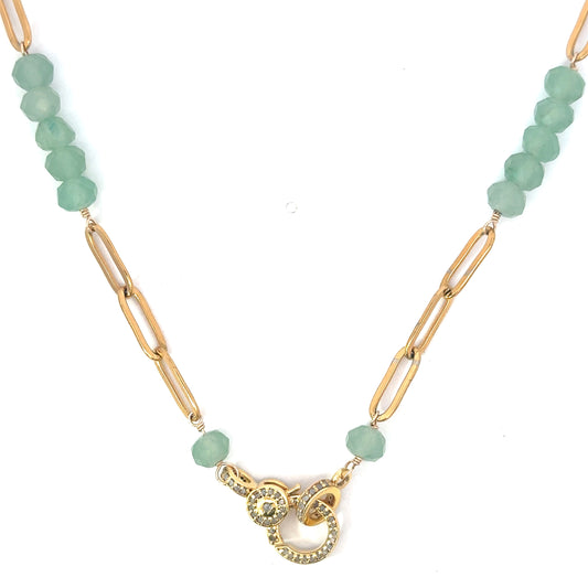 Vermeil Paper Clip and Green Bead Alternating Necklace with Pave Diamond Lobster