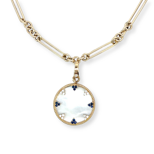 Mother of Pearl Disc Pendant with Diamonds and Sapphire Clusters