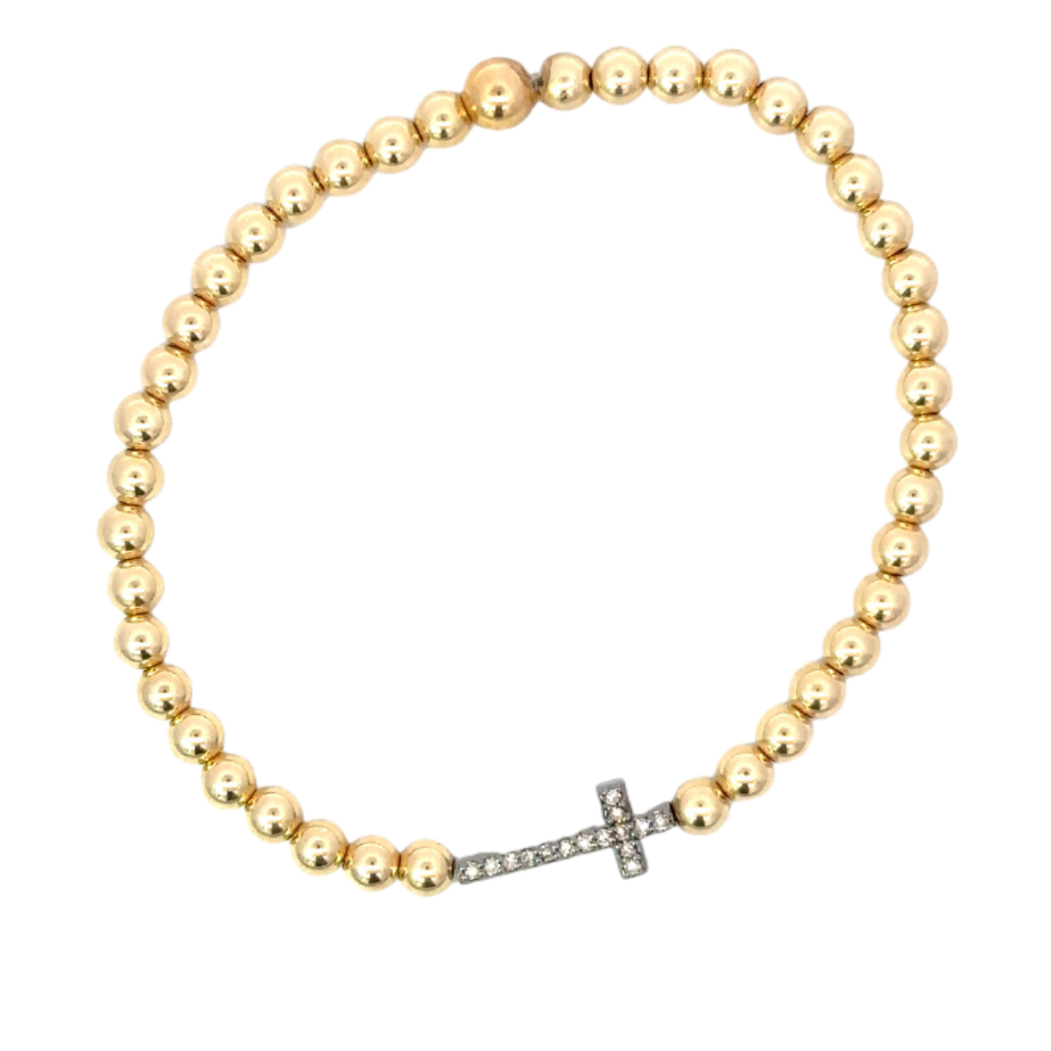 4mm Yellow Gold Filled Bead Bracelet with Sterling Pave Sideways Cross