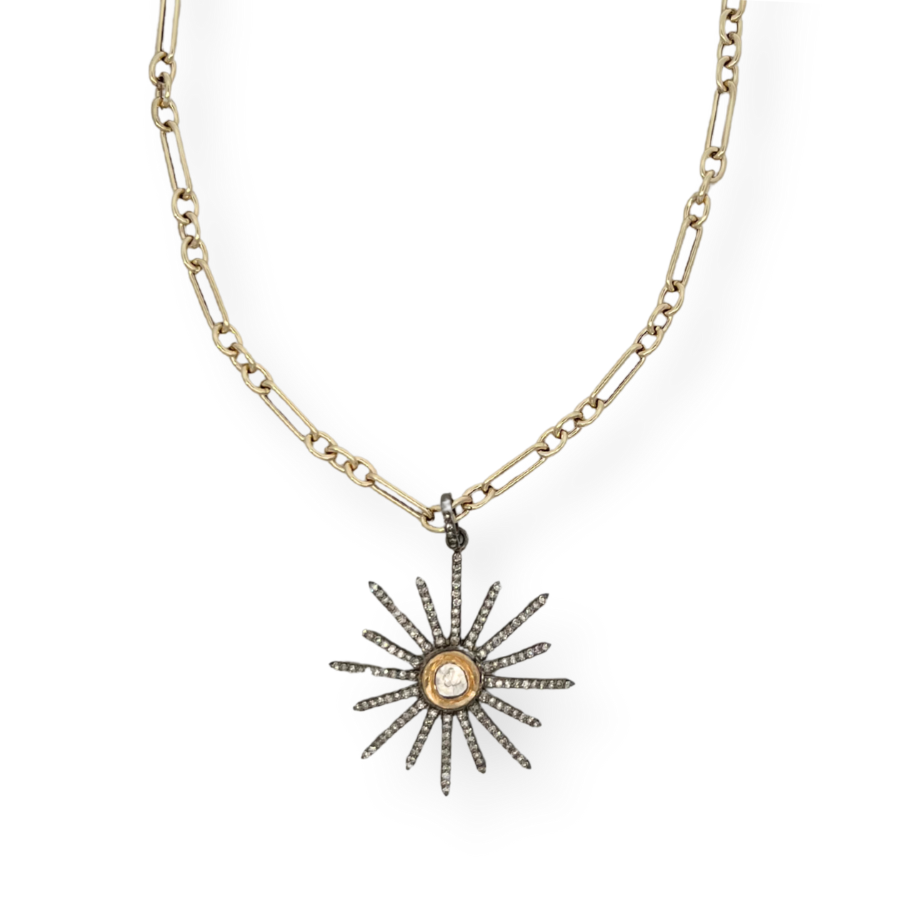 Two Tone Rose Cut Diamond Starburst Pendant