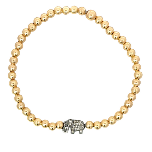 3mm Yellow Gold Filled Bead Bracelet with Sterling Pave Elephant