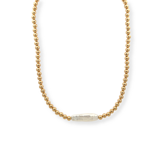 4mm Gold Filled Beaded Necklace with Pearl Bar
