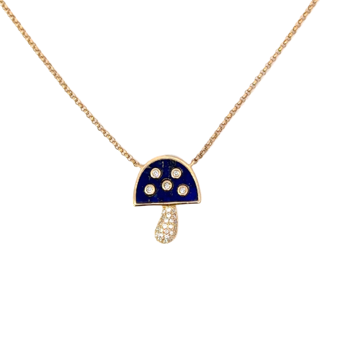 Yellow Gold Lapis and Pave Diamond Mushroom Shaped Necklace