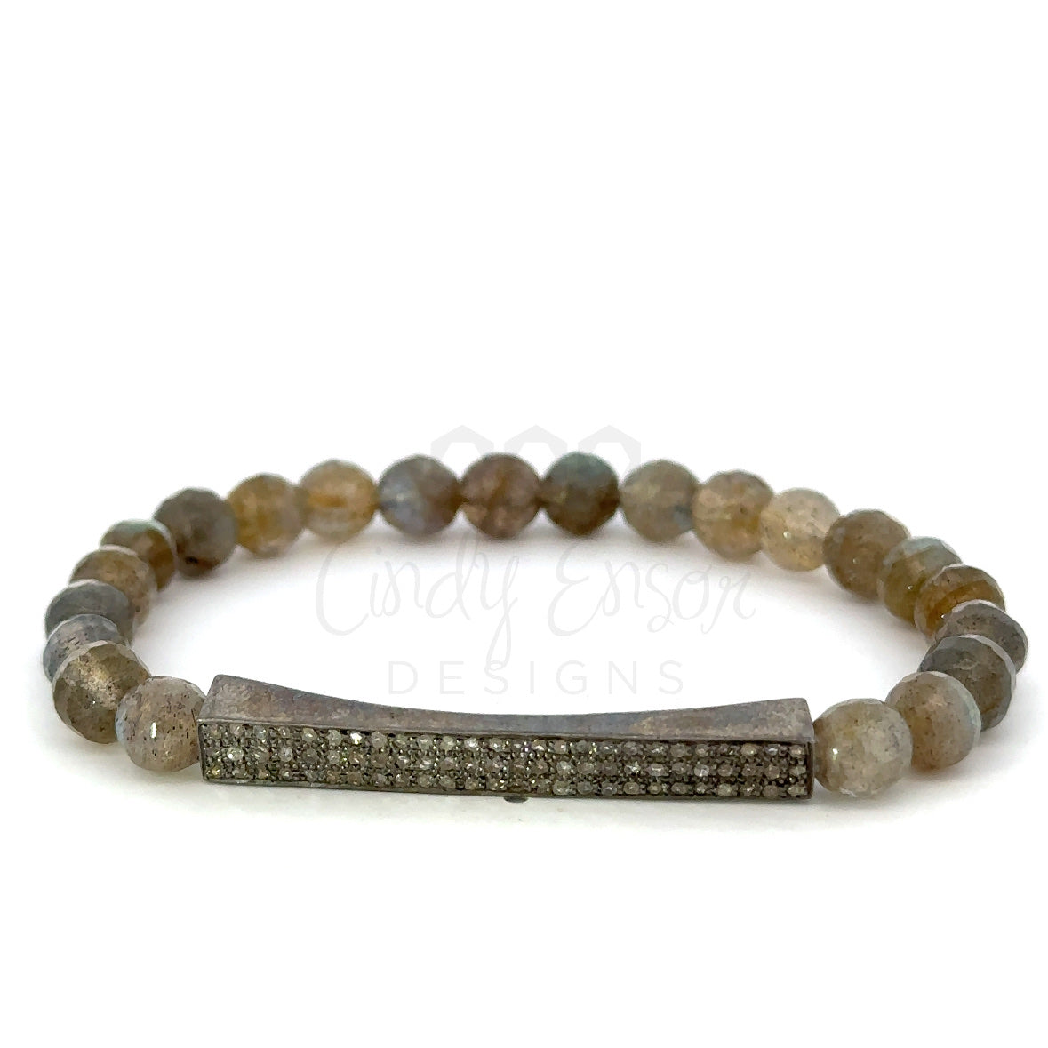 Labradorite Beaded Bracelet with Sterling Pave Diamond Large Bar