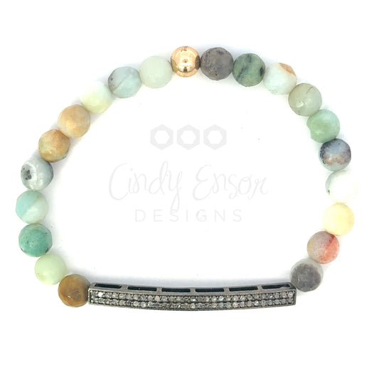 Amazonite Bead Bracelet with Small Sterling Pave Bar