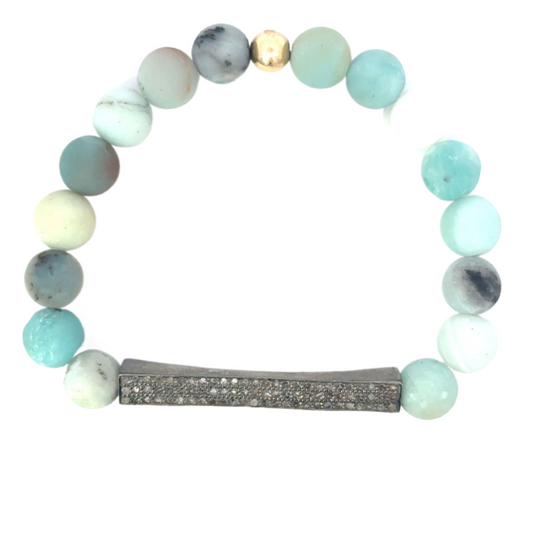 Amazonite Beaded Bracelet with Sterling Pave Large Bar