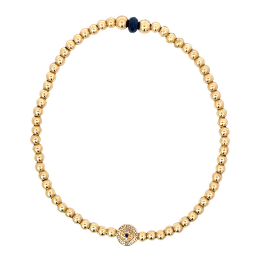 3mm Yellow Gold Filled Bead Bracelet with Pave Evil Eye Charm