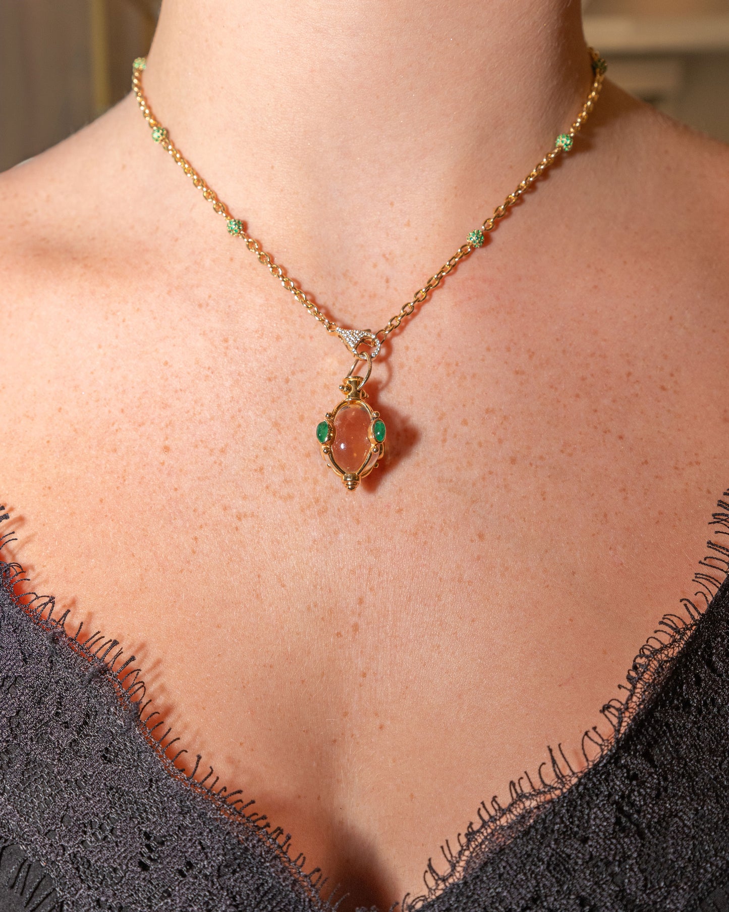 Yellow Gold Oval Link Necklace with Emerald Bead Accents and Tiny Pave Lobster