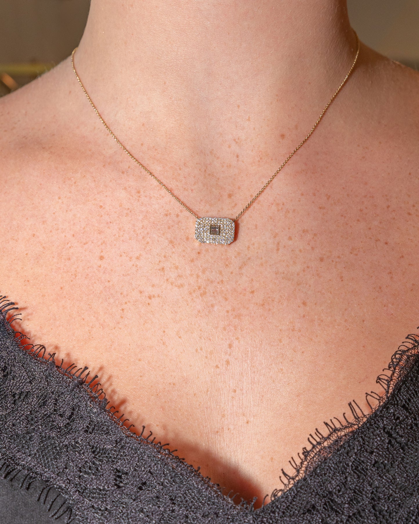 Pave Rectangle Shaped Necklace with Emerald Cut Diamond