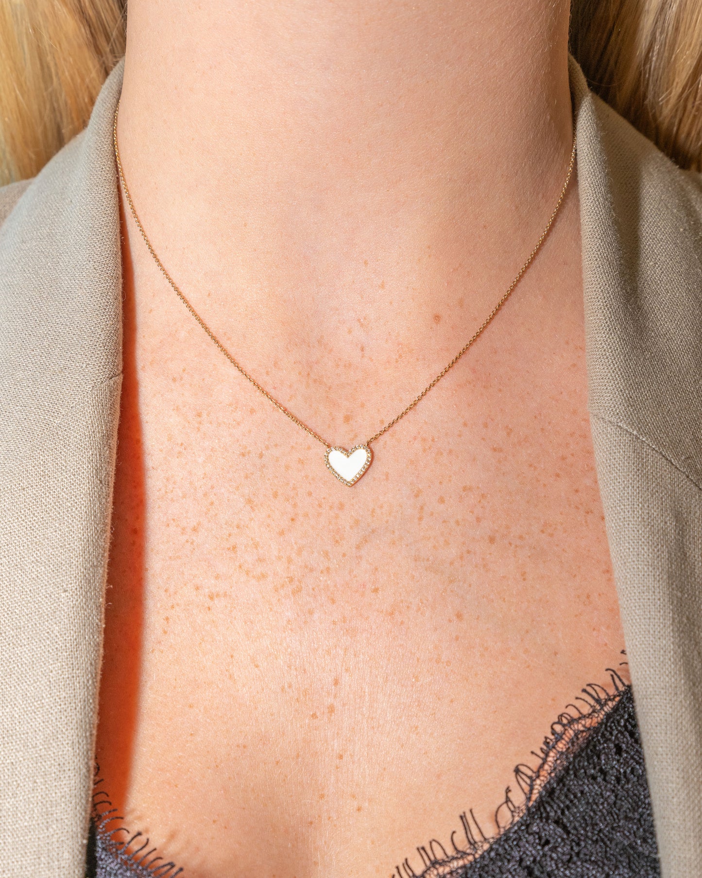 Enamel Heart Necklace with Pave Diamond Border