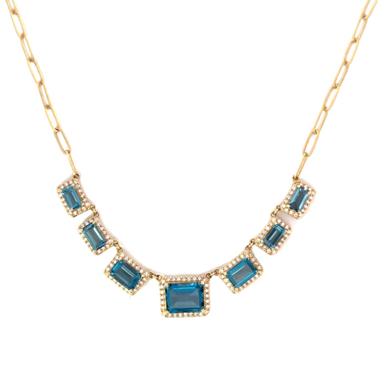 7 Rectangle Blue Topaz and Pave Diamond Border Necklace