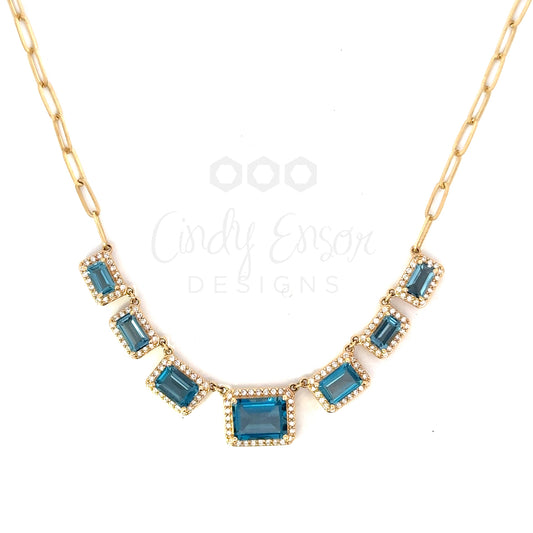 7 Rectangle Blue Topaz and Pave Diamond Border Necklace
