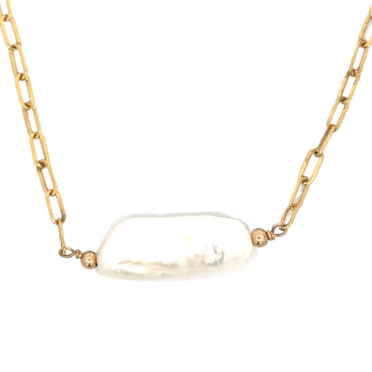 Gold Filled Paper Clip Necklace with Elongated Pearl