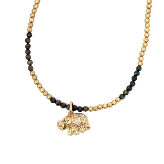 Yellow Gold Pave Diamond Elephant Necklace on Pyrite/GF Bead