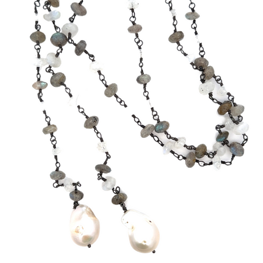 Labradorite and Moonstone Lariat with Baroque Pearls