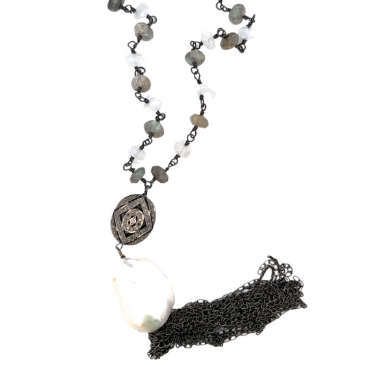 Labradorite and Moonstone Necklace with Pave Bead, Baroque Pearl and Tassel