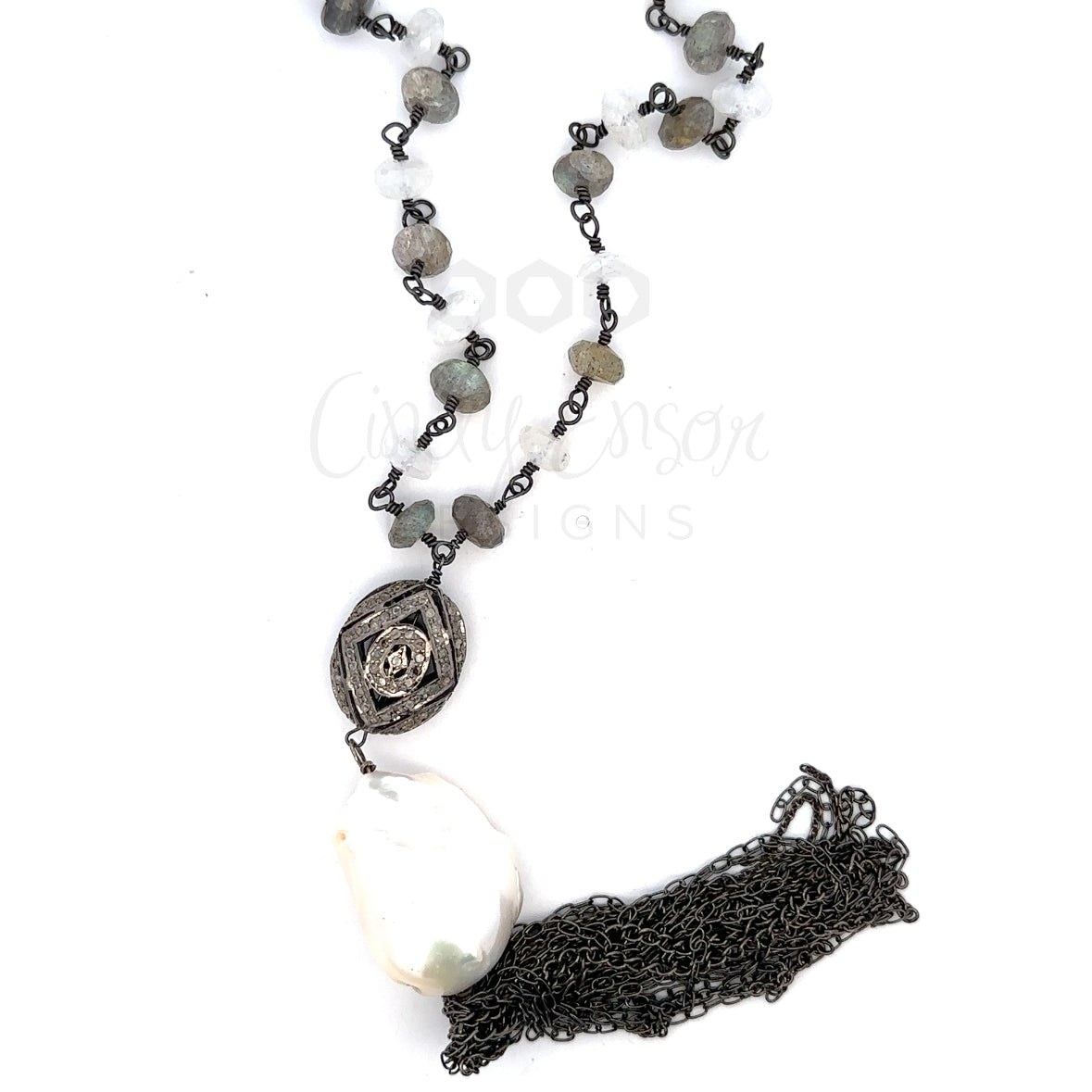 Labradorite and Moonstone Necklace with Pave Bead, Baroque Pearl and Tassel