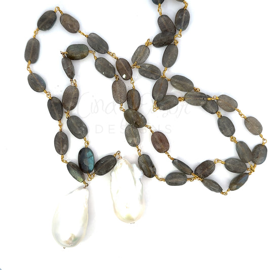 Oval Labradorite Lariat Necklace with Baroque Pearls