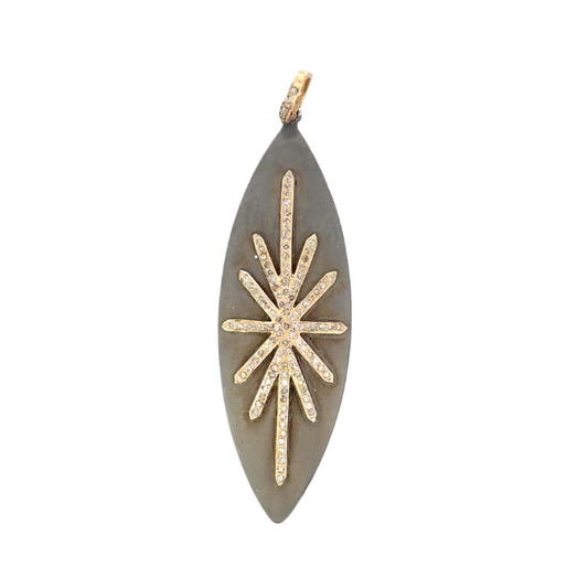 Brushed Sterling Silver Oval Pendant with Yellow Gold Pave Starburst