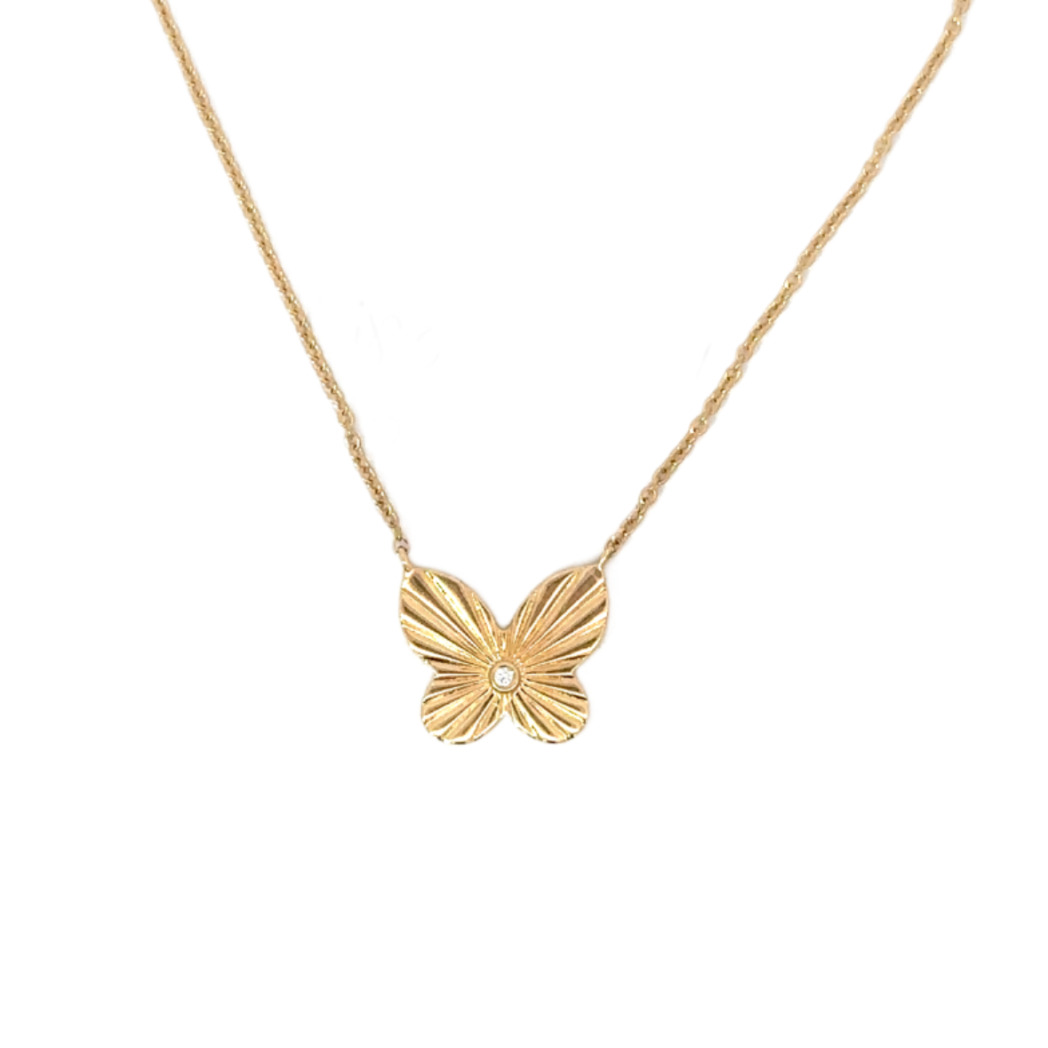 Fluted Butterfly Necklace with Single Diamond Center